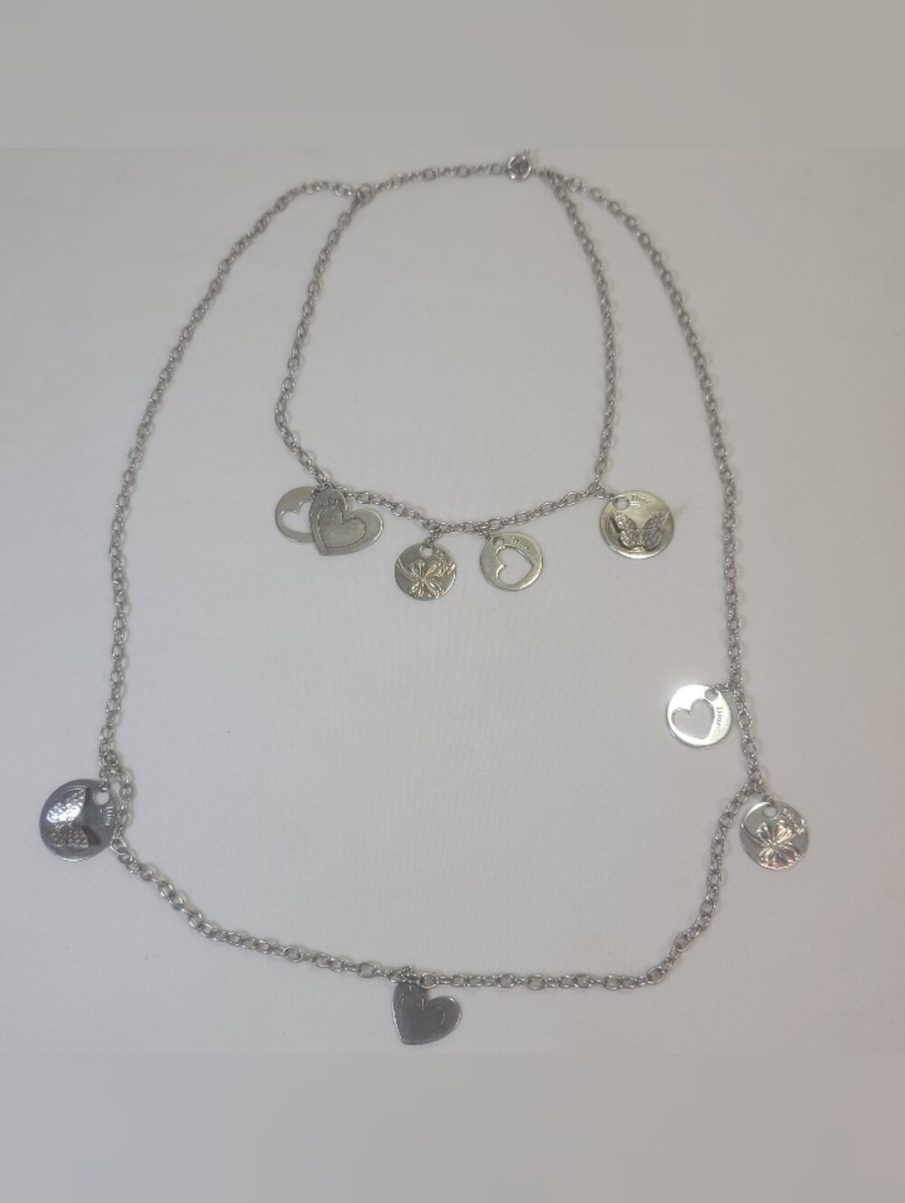 Dior Paris Butterfly & Hearts Charms Two Tiered 925 Sterling Silver Necklace